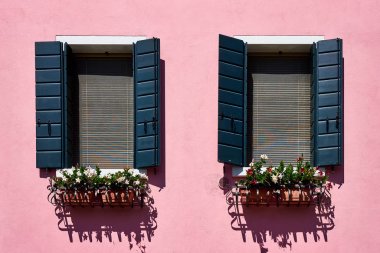 İtalya, Venedik, Burano Adası. Geleneksel renkli duvarlar ve windows eski evlerin yeşil panjurlar ile. Kopya alanı