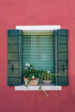 İtalya, Venedik, Burano Adası. Geleneksel renkli duvarlar ve windows açılan panjurlar ve çiçeklerle pota. Kopya alanı