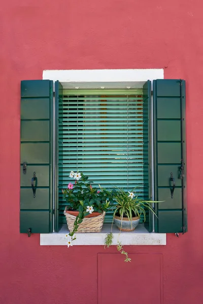 Itálie Benátky Ostrov Burano Tradiční Barevné Stěny Okna Otevřené Okenice — Stock fotografie