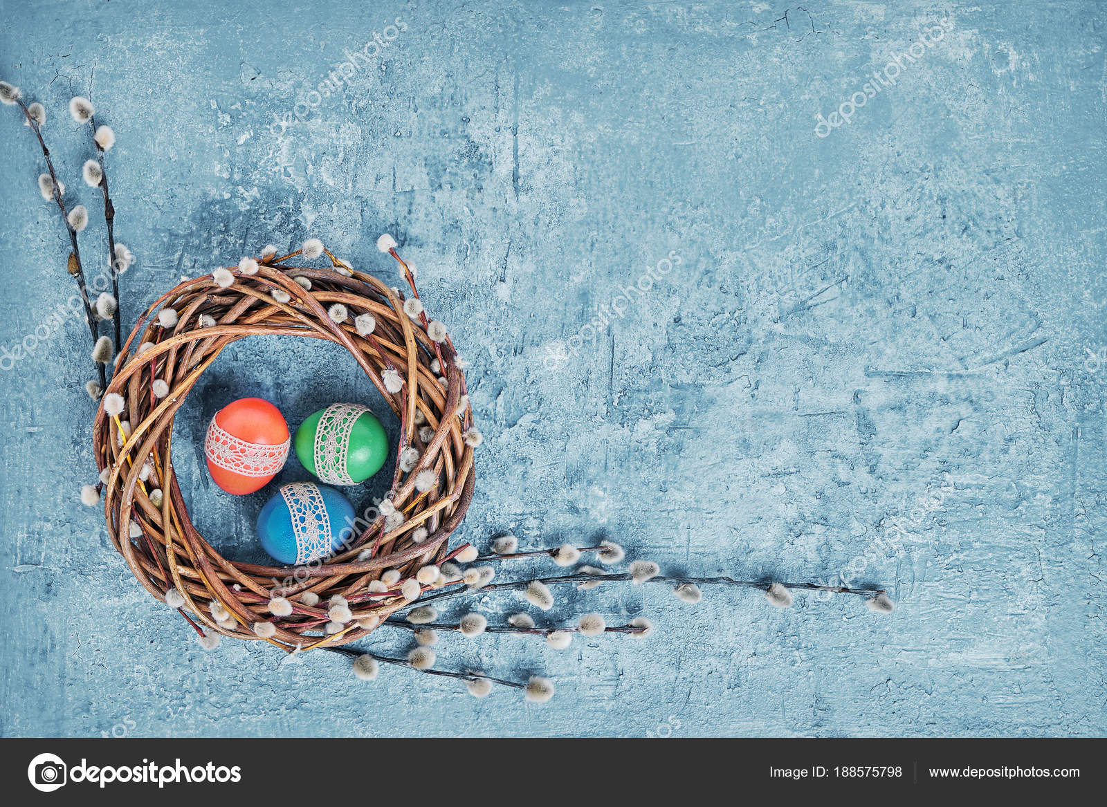 Easter Willow Wreath Colorful Easter Eggs Decorated Lace Blue