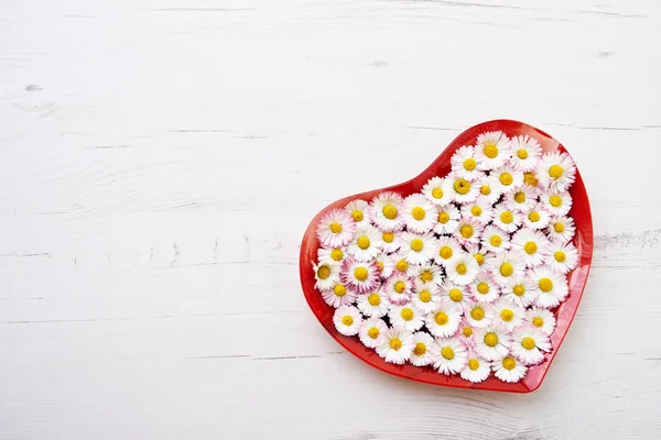 Μεγάλη Καρδιά Από Λουλούδια Μαργαρίτα Άσπρο Φόντο Ξύλινη Αντιγράψτε Χώρο — Φωτογραφία Αρχείου