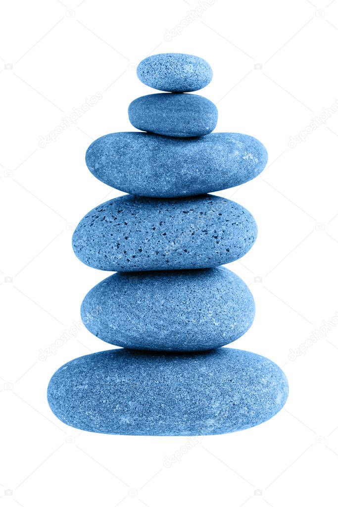 Zen stones balance. Isolated over white background. Color of the year 2020 classic blue toned.