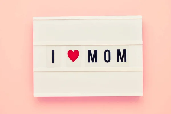 Love Mom Written Light Box Pink Background Mothers Day Celebration — Stock Photo, Image