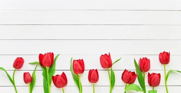 Fronteira Tulipas Vermelhas Fundo Madeira Branco Dia Das Mães Dia — Fotografia de Stock