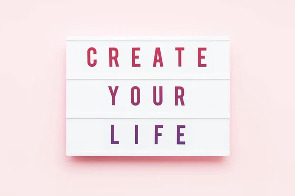 Create Your Life Written Light Box Pink Background Motivation Quote — Stock Photo, Image