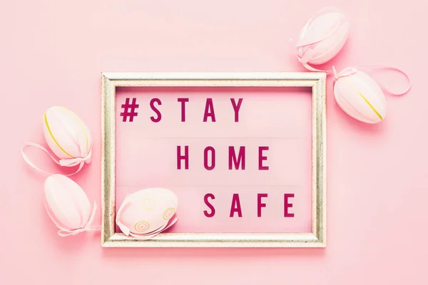 Easter Background Stay Home Safe Written Golden Frame Decorative Pink — Stock Photo, Image