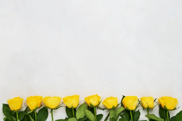 Yellow roses border on light background. Mothers day, Valentines Day, Birthday celebration concept. Copy space for space, top view