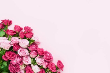 Pembe arka planda pembe gül buketleri. Anneler günü, sevgililer günü, doğum günü kutlaması konsepti. Tebrik kartı. Metin için boşluk kopyala, üst görünüm