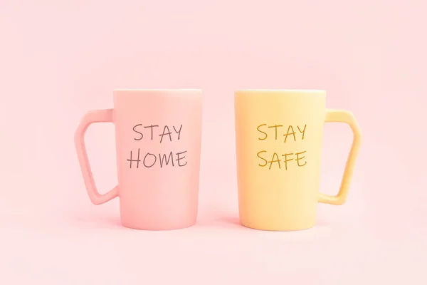 Stay Home Stay Safe Written Two Cup Coffee Pink Background — Stock Photo, Image