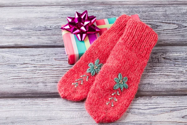 Red knitted embroidered mittens it's great gift for the new year — Stock Photo, Image