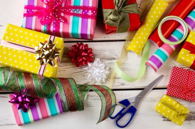 Christmas presents, wrapping papers and accessories. clipart