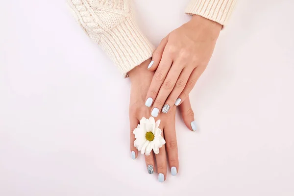Delicate vrouwelijke handen met een witte chrysant. — Stockfoto