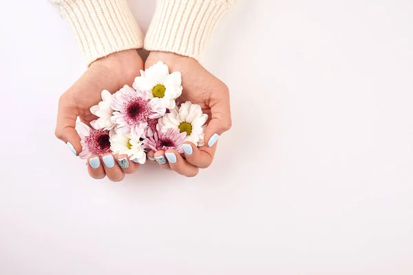 Delicate mani femminili con fiori . — Foto Stock
