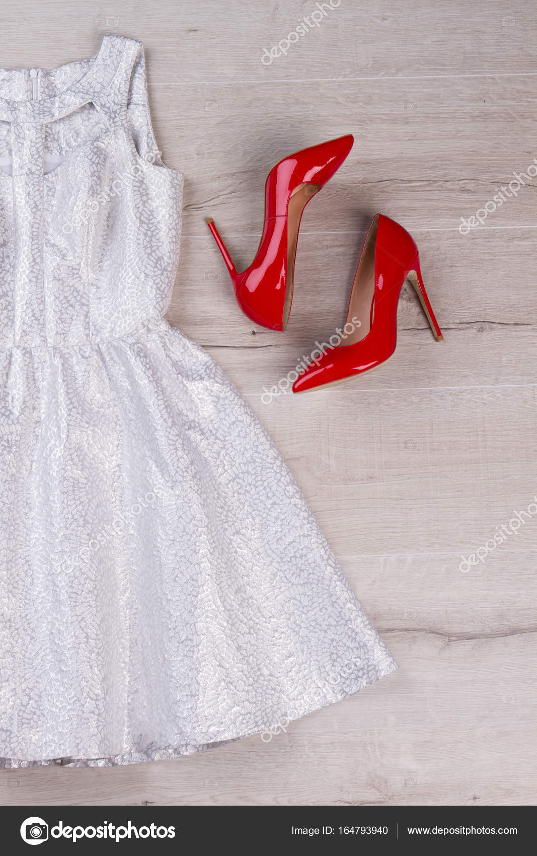 Silver party dress and red heels 