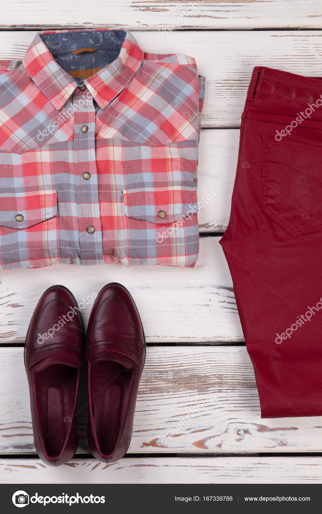 red shirt and jeans outfit