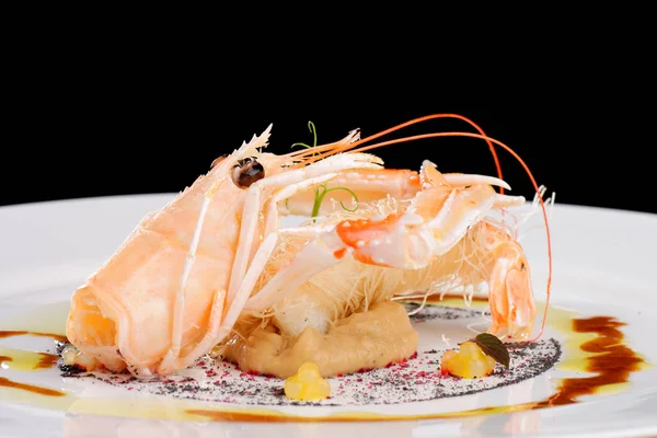 Fine dining Scampi / Norway lobster on Aubergine cream — Stock Photo, Image
