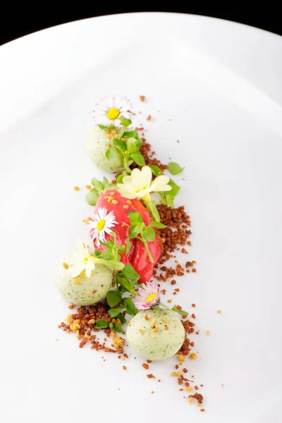Dessert gastronomique, Glace aux fraises / kiwis — Photo