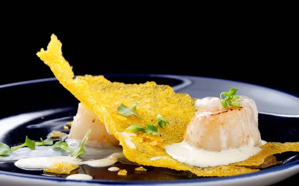 Haute cuisine, Gourmet food scallops on a corn — Stock Photo, Image