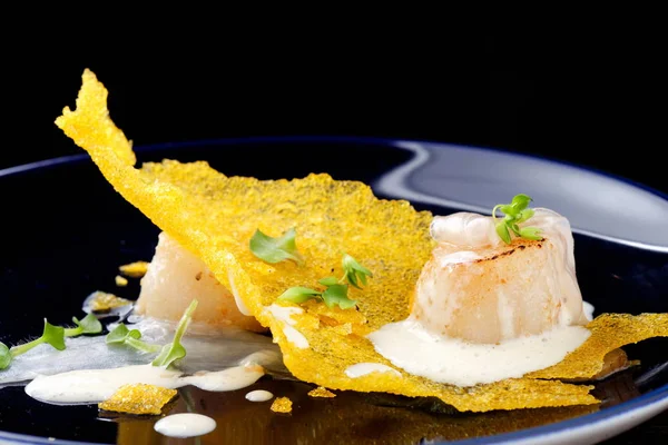 Haute cuisine, Gourmet food scallops on a corn — Stock Photo, Image