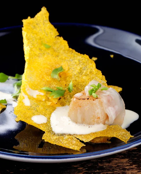 Haute cuisine, Gourmet food scallops on a corn — Stock Photo, Image