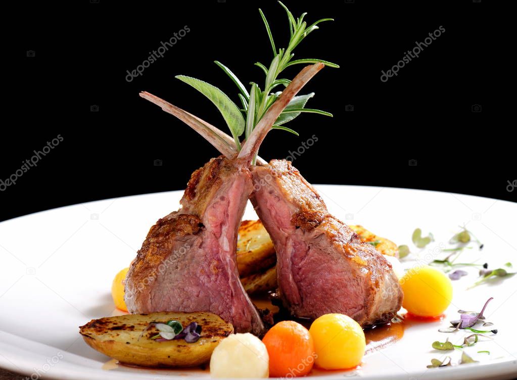 Fine dining, roasted Lamb chops with potato 