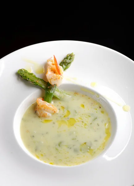 Delicious Cream Soup Asparagus Shrimp Selective Focus — Stock Photo, Image