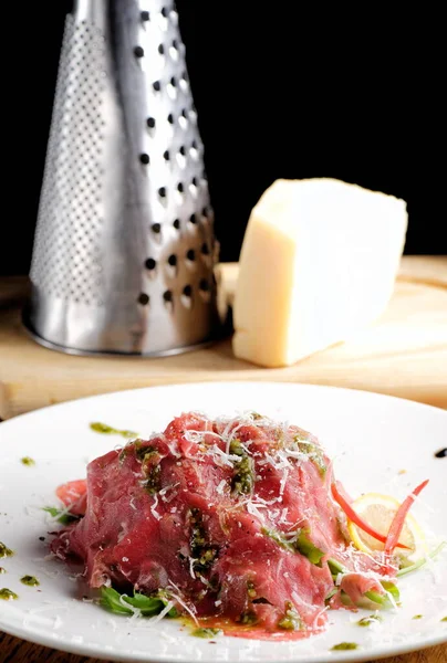 Fine Dining Beef Carpaccio Pesto Genovese Parmesan Cheese Capers Rocket — Stock Photo, Image