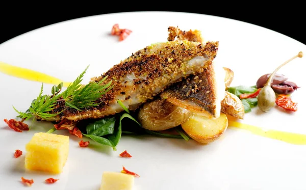 Fine Dining Seabream Fish Fillet Breaded Herbs Spice Potato Vegetable — Stock Photo, Image