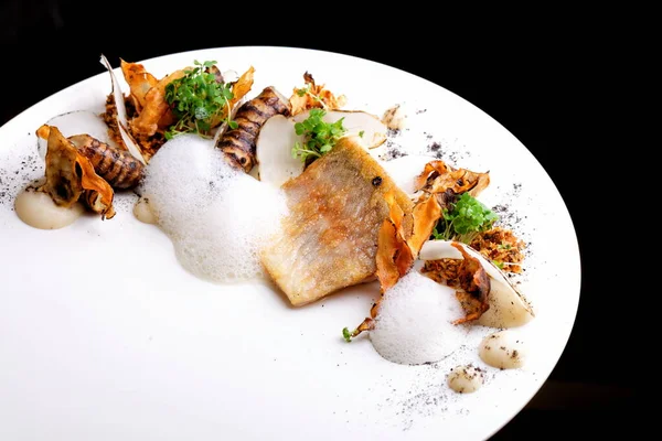 Haute Cuisine Filet Poisson Blanc Patate Douce — Photo