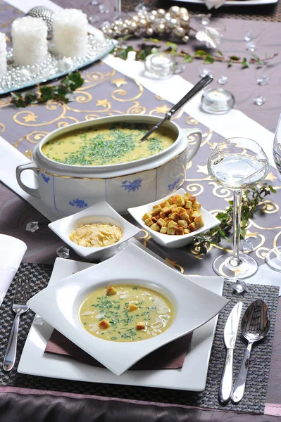 Homemade Creamy Potato Leek Soup Festive Table — Stock Photo, Image