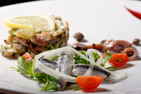 Hidangan Laut Hidangan Pembuka Yang Enak Dengan Anchovies Dan Salad — Stok Foto
