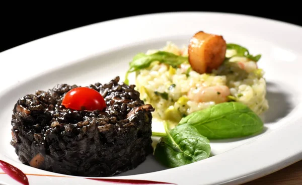 Fine Dining Black Risotto Squid Ink Seafood Risotto Scallop Top — Stock Photo, Image