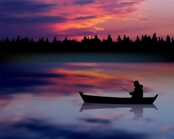 在船上的渔民。日落河景观 — 图库矢量图片