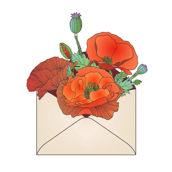 Zarf haşhaş kırmızı çiçekli — Stok Vektör
