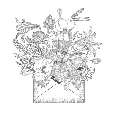 Zarf ile çeşitli çiçekler. 