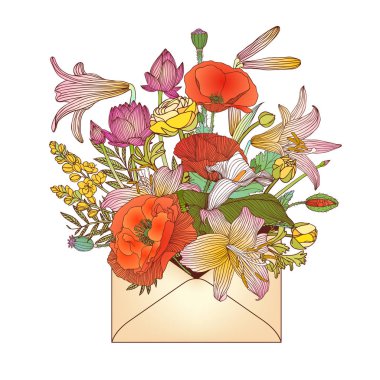 Zarf ile çeşitli çiçekler 