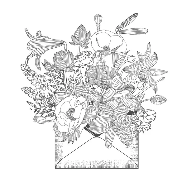 Envelop met diverse bloemen. — Stockvector