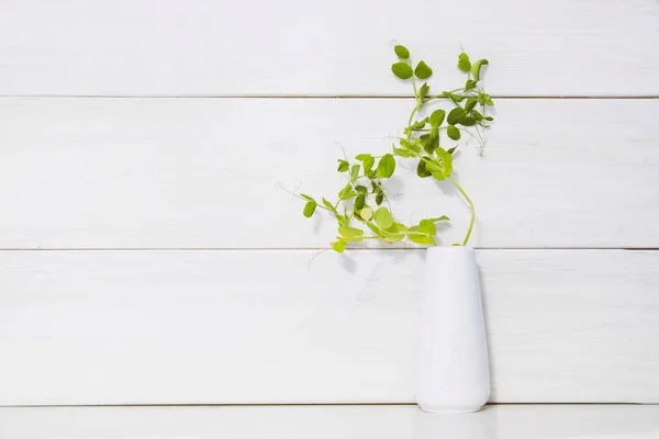 Ervilhas verdes em vaso no fundo branco — Fotografia de Stock