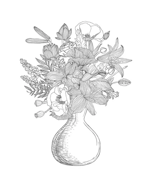 Florero con flores variadas. La ilustración lineal — Archivo Imágenes Vectoriales