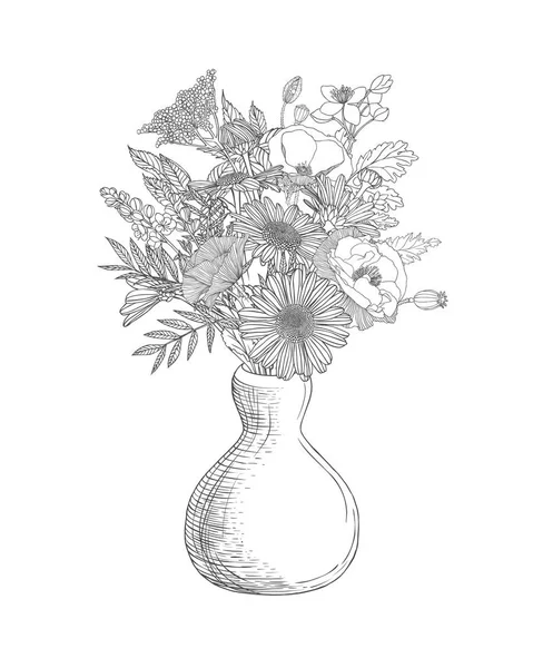 Vaso com flores variadas. Ilustração linear — Vetor de Stock