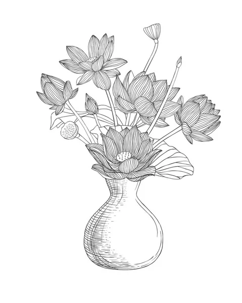 Vase mit Lotusblumen vorhanden. lineare Darstellung — Stockvektor