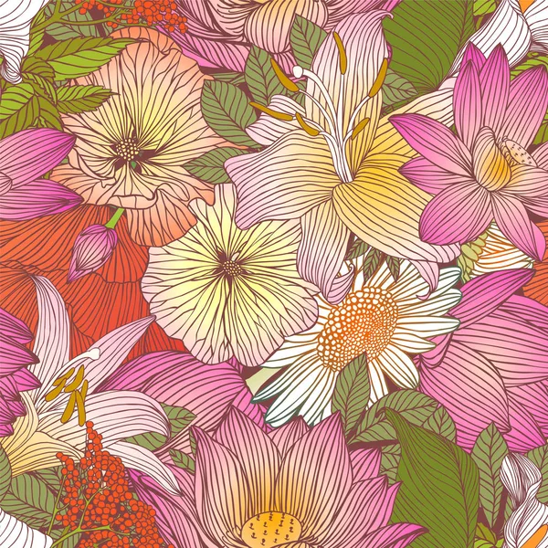 Květinový vzor bezešvé - rozmanité květiny — Stockový vektor