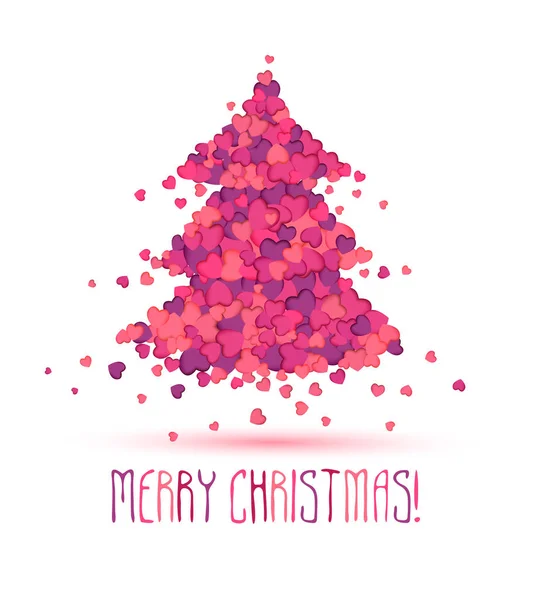 Holiday congratulation card.  Christmas tree of pink hearts
