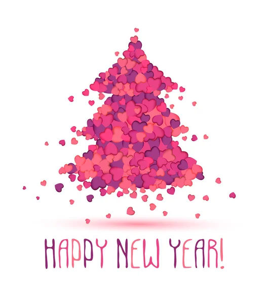 Feliz Ano Novo cartão de parabéns. Árvore de Natal de coração rosa — Vetor de Stock