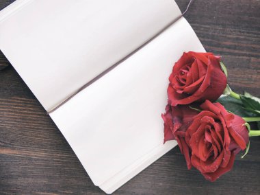 Açık not defteri ve kırmızı gül. Şablon