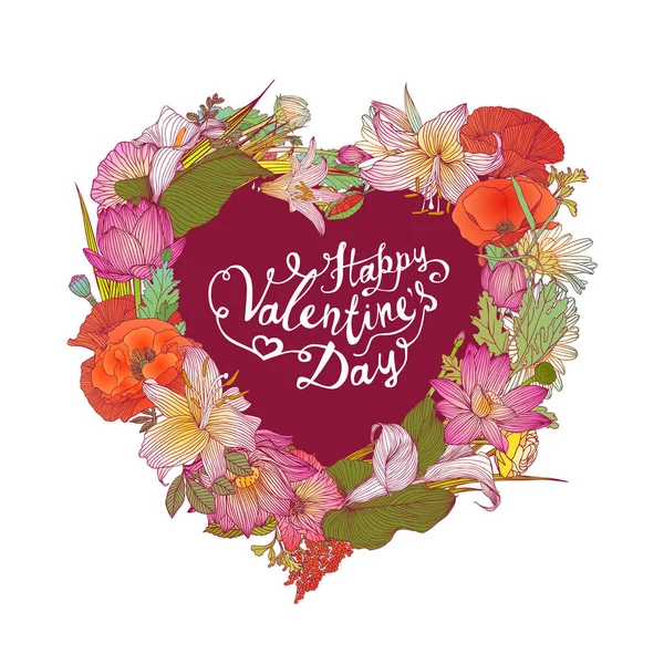 Happy Valentine's Day congratulation card with heart of flowers — Stock Vector