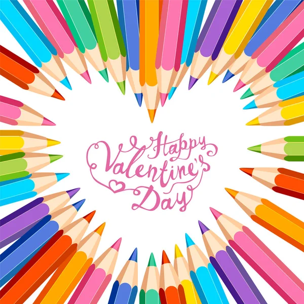 Boldog Valentin-napi üdvözlőlap. Szív képkeret színes ceruza — Stock Vector
