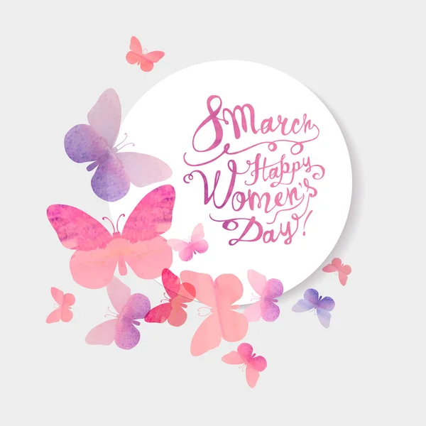 8 de marzo. ¡Feliz Día de la Mujer! Mariposas acuarela rosa — Vector de stock