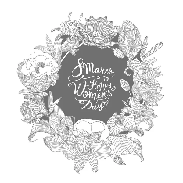 8 de marzo. ¡Feliz Día de la Mujer! Corona floral lineal — Vector de stock