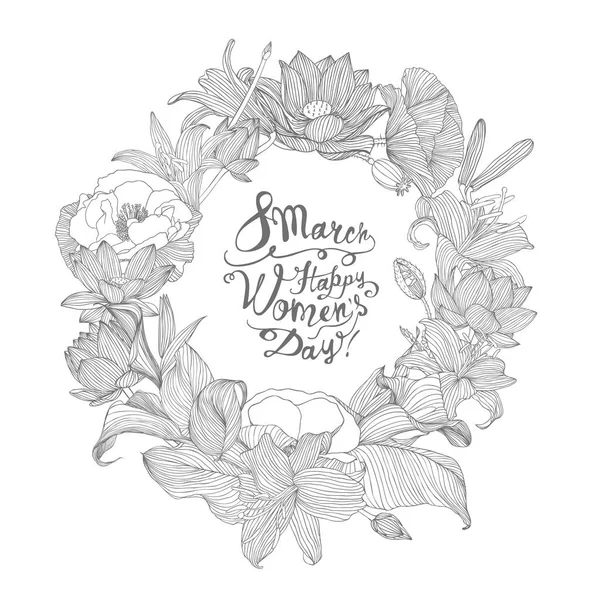 8 de marzo. ¡Feliz Día de la Mujer! Corona floral lineal — Vector de stock